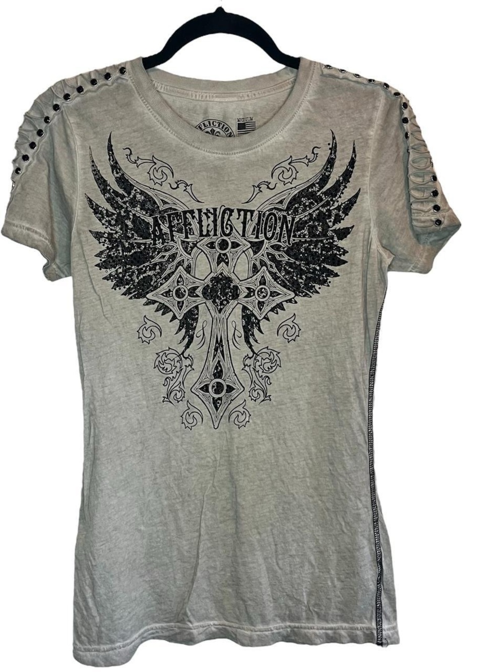 Affliction Women's Light Gray Winged Cross Graphic Tee with Studded Shoulders